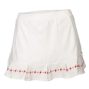 A black tennis skirt with red and white stripes, hanging from a hanger on a wooden frame.
