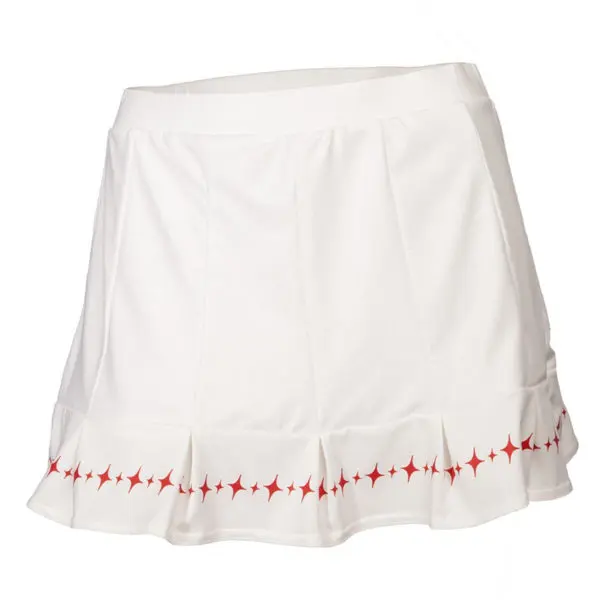 A black tennis skirt with red and white stripes, hanging from a hanger on a wooden frame.