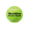 A single padel ball in focus, ready to be hit on a padel court by a team.