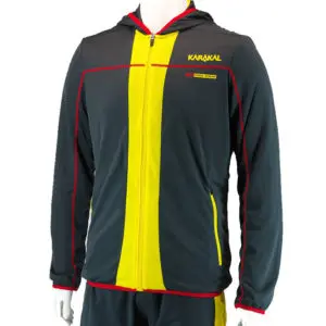 Black hooded sweatshirt with front pocket and drawstring, ideal for casual and sporty looks