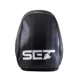 Kelme SET Backpack Black - A black Kelme SET backpack displayed on a white background, featuring multiple compartments and a distinctive Kelme logo.