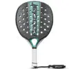 Close-up image of a carbon fiber tennis racket with a vibrant red string configuration