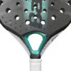 Black and blue Yonex badminton racket with a white grip and vibrant strings