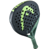 Tennis racquet with black strings and white grip