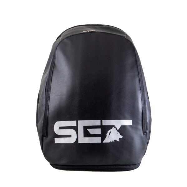 Kelme SET Backpack Black - A black Kelme SET backpack displayed on a white background, featuring multiple compartments and a distinctive Kelme logo.