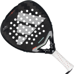 Adidas Metalbone black padel racket face view showing Padel head, throat and handle.
