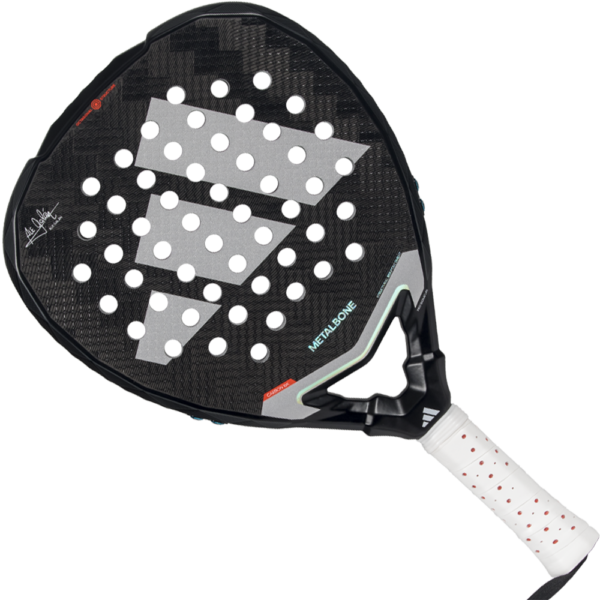 Adidas Metalbone black padel racket face view showing Padel head, throat and handle.