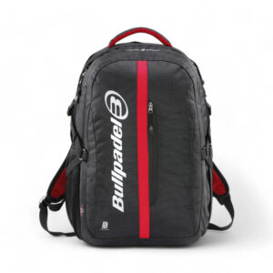 Face view of Bullpadel Xplo black backpack. Showing red line down the front with a zip alongside