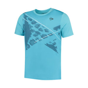 Front view Dunlop Mens Game T-shirt in aqua blue with black and white accents along the front on a white background