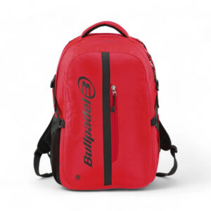 Face view of Bullpadel Xplo red backpack with black bullpadel writing and solid line along the front with zipped compartment