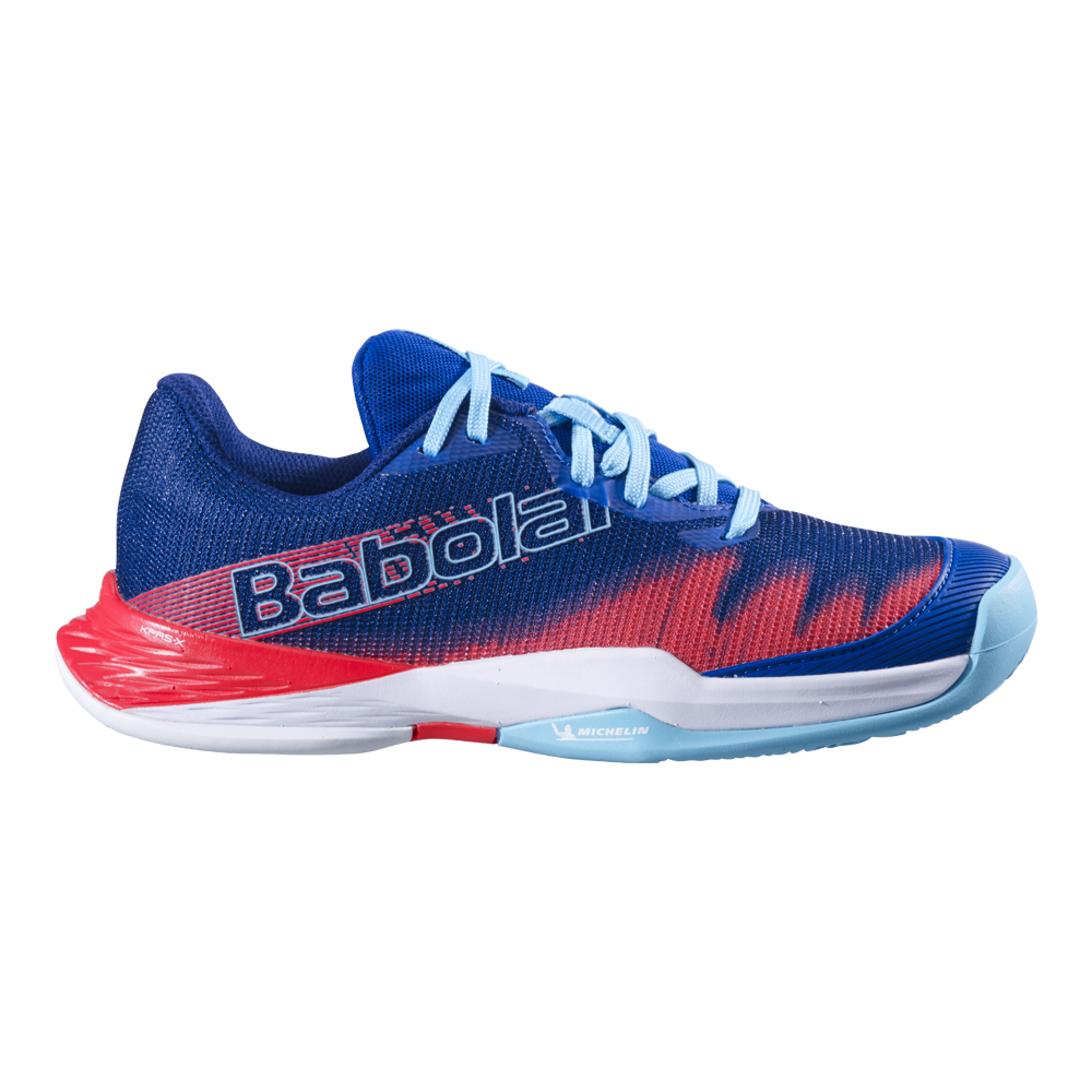 Babolat jet premura Padel Junior shoe in Blue, and poppy red