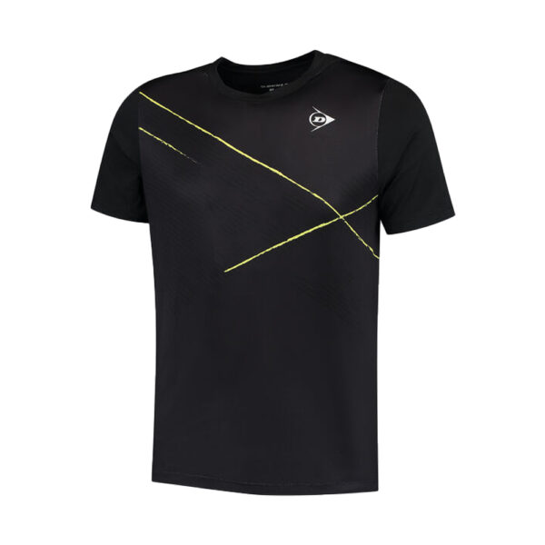Black Dunlop mens game t-shirt with yellow accents across the front