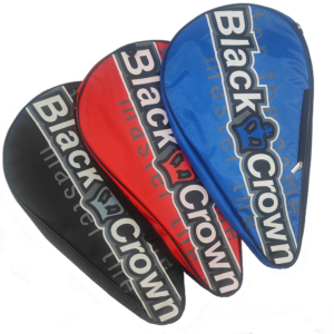 Group of three Black Crown Padel Racket Covers in Black, Red, and Blue